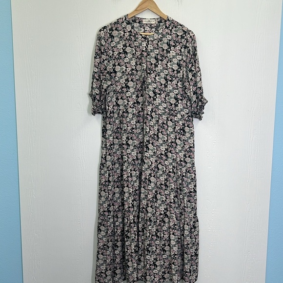 Natural Life - Colorful Floral Short Sleeve Tiered Half Button Maxi Dress Medium - Picture 9 of 13